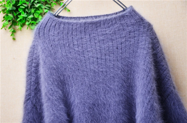 Women Mujer Autumn Winter Clothing Hairy Angora Rabbit Hair Knitted O-Neck Long Lantern Sleeves Striped Loose Pullover Sweater