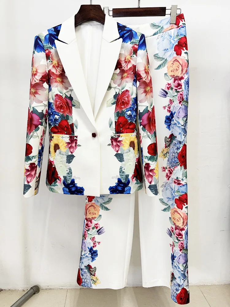 2025 Nieuwe Vrouwen Sexy Lange Mouw Print Bloemen Wit Twee Stukken Broek Bandage Set Celebrity Designer Mode Dames Set