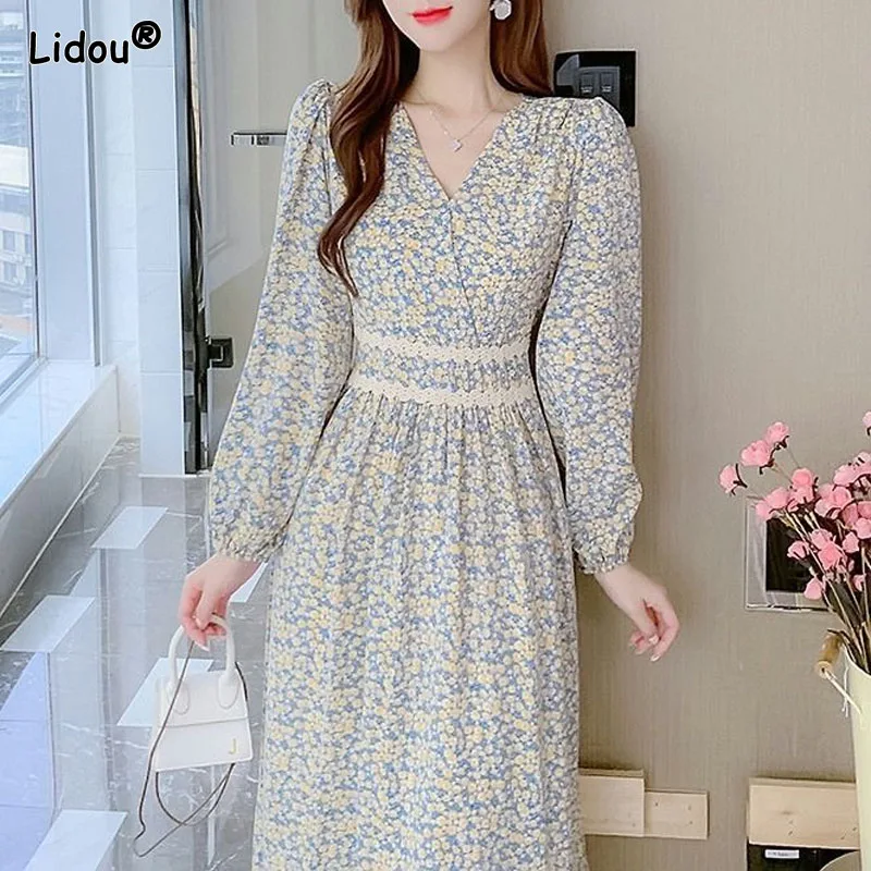 

French Floral Chiffon V-Neck Mid-calf Dresses Spring Summer Dignified Lace Fairycore Women's Clothing Gentle Style Slim Pullover