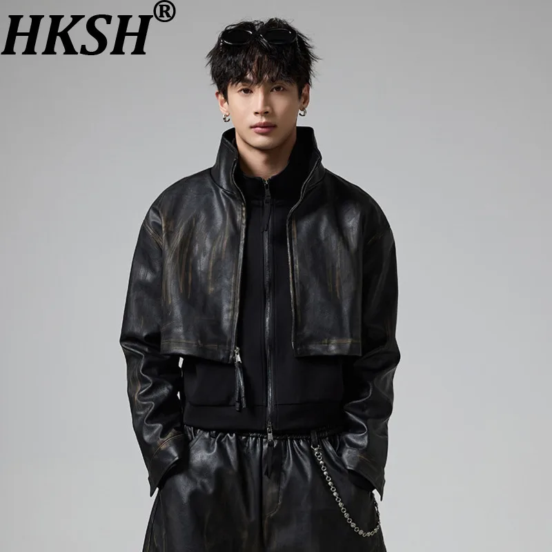 

Мужская кожаная куртка HKSH в стиле панк, весна-осень, новинка, американский винтаж, мотоциклетный стиль, с эффектом потертости, короткая, HK20339