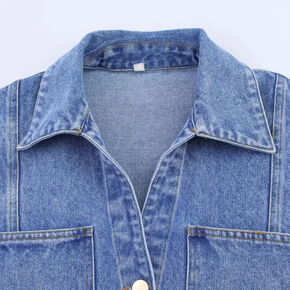 قميص دنيم قصير بياقة قصيرة للنساء + بنطلون تنورة قصيرة موضة غير منتظمة بدلة دنيم كاجوال عتيقة بدلة ركاب هاي ستريت