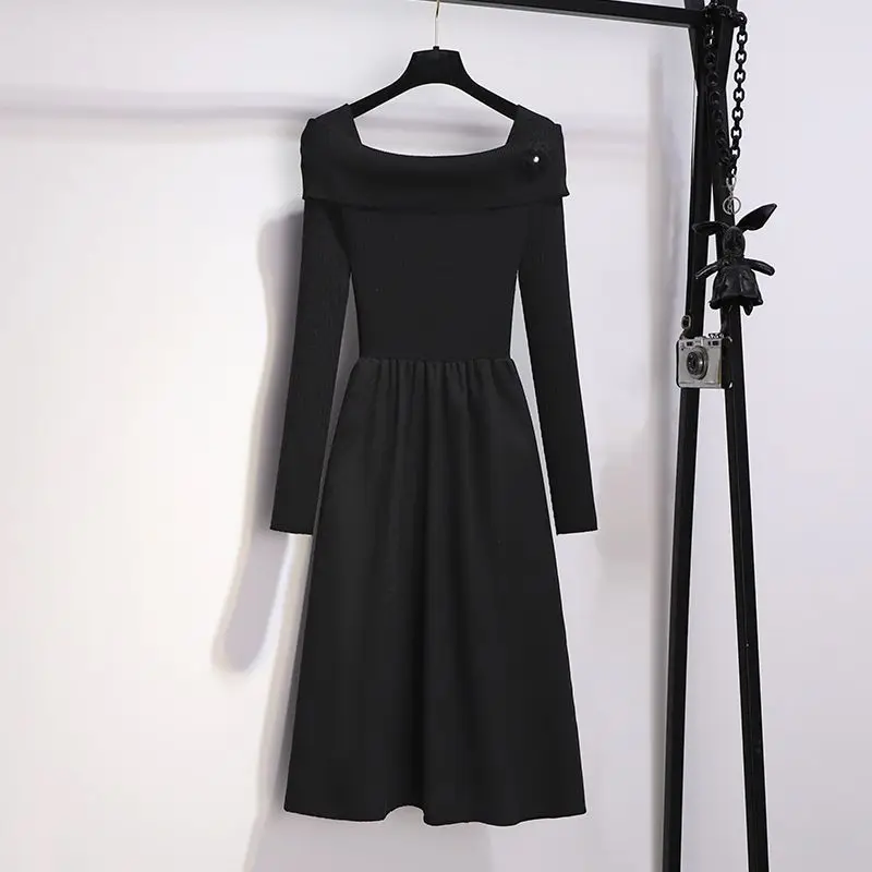 Vestido suéter adelgazante Y2K elegante a la moda para mujer, vestido de punto liso con hombros descubiertos de estilo francés, otoño 2025