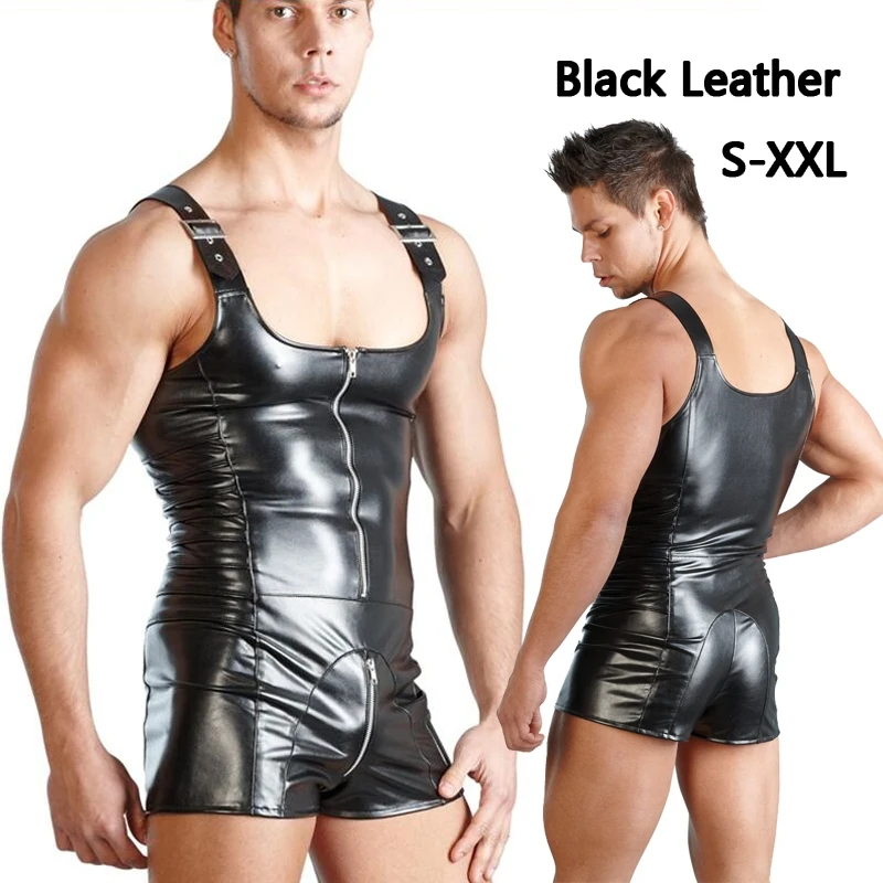 Leather Men Bib Shorts Sexy Bodysuit Black Wetlook Jumpsuit Hot Male Adult Costumes Erotic Wrestling Suits