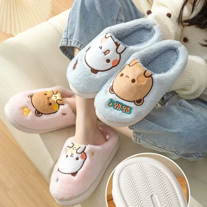 Kawaii Bubu Dudu Bear Plush Slipper Cartoon Anime Winter Leisure Home Outdoor Anti Slip Thick Bottom Cotton Leisure Shoes Women