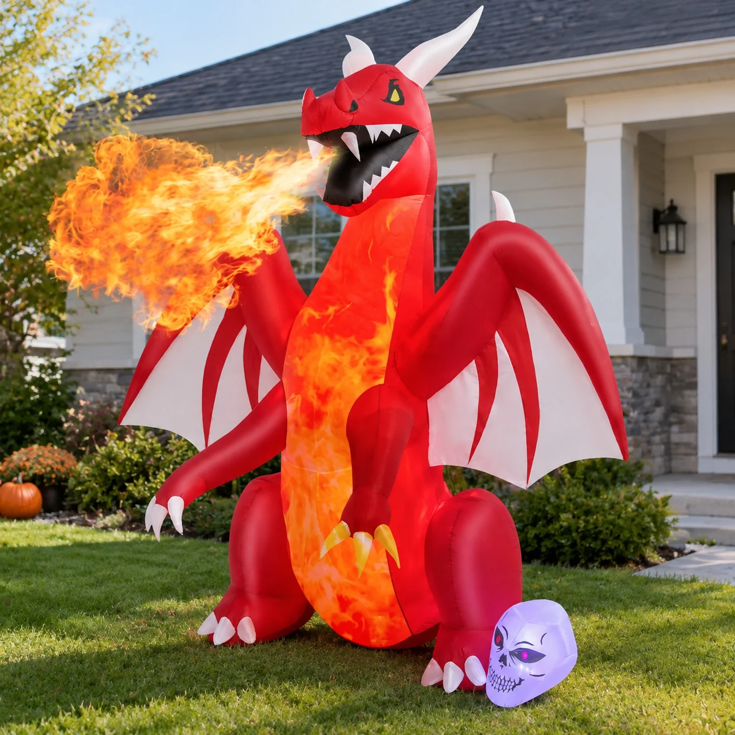 8 Feet Halloween Inflatables Blow-up Red Dragon with Wings Skull