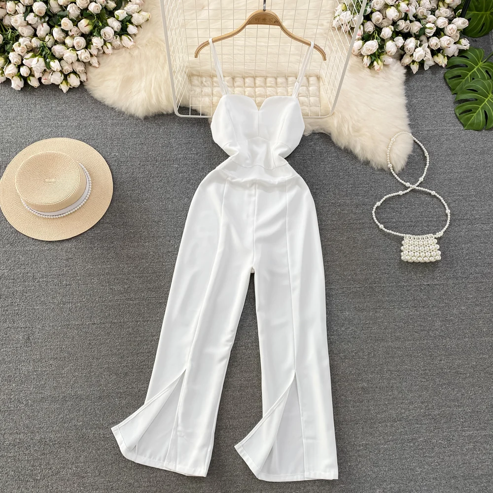 

ssTss High Quality Elegant Bra Jumpsuit Summer Korean Style Fashion High Waist Bodycon Slit Straight Wide Leg Overalls Bodysuit