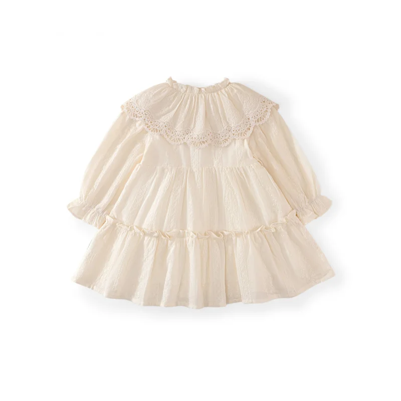 Girls' Dress2025Spring and Autumn Baby Girl Lapel Lace Trim Stylish Children's Long Sleeve Princess Dress