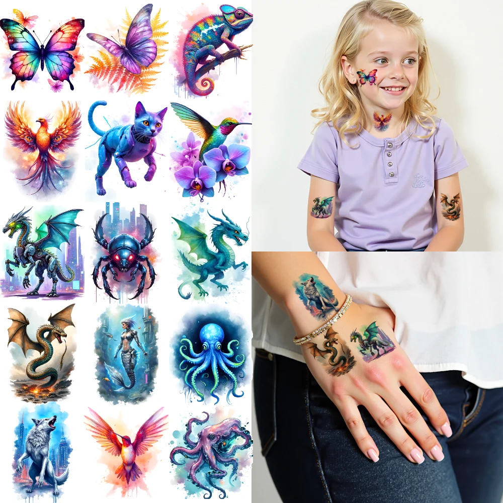 63pcs Waterproof Temporary Tattoo Stickers Mixed Animals Watercolor Fake Tattoos Lion Wolf Butterfly Body Art Decals