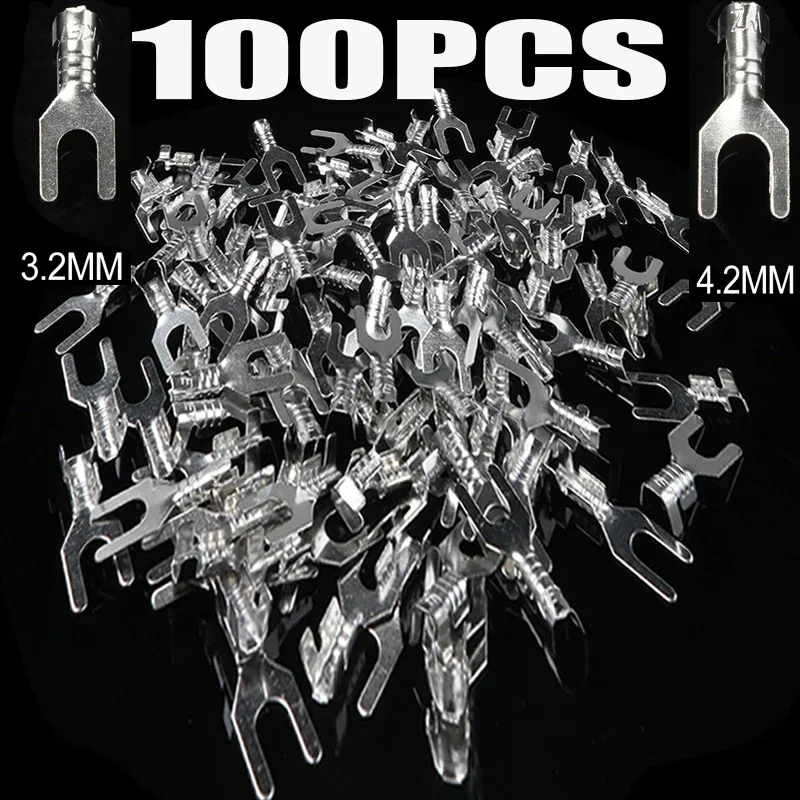 100pcs Y-Shape Terminal Fork Spade Terminal Lug - 3.2mm & 4.2mm Bare Cold-Pressed Crimp Connector for  Electrical Connections