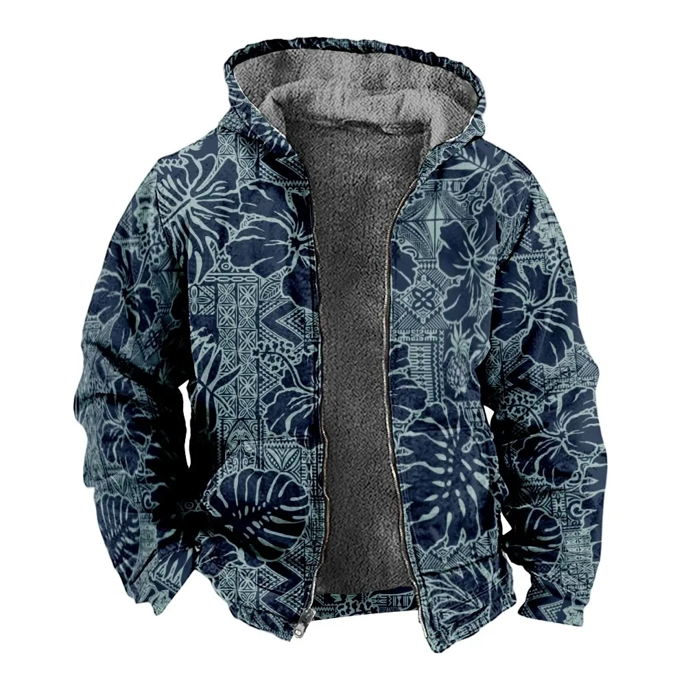 Autumn Winter Fleece Zip Up Hoodies Vintage TIKI HEAD Hawaii Hibiscus Digital Print Men Parka Coat Jackets Outerwear Sweatshirts