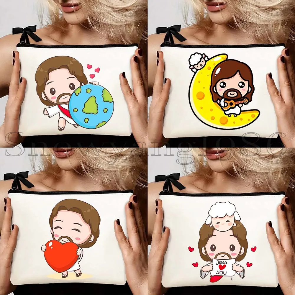 

4pcs Cartoon Jesus Christ Floral Cross Love Faith Christian Bible Belief Flowers Canvas Storage Cosmetic Bag Makeup Case Pouch