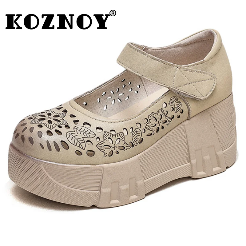 Koznoy Women Moccassin 7cm Round Toe Cow Genuine Leather Platform Wedge Hollow Female New Hook Fashion Summer Casual Print Shoes