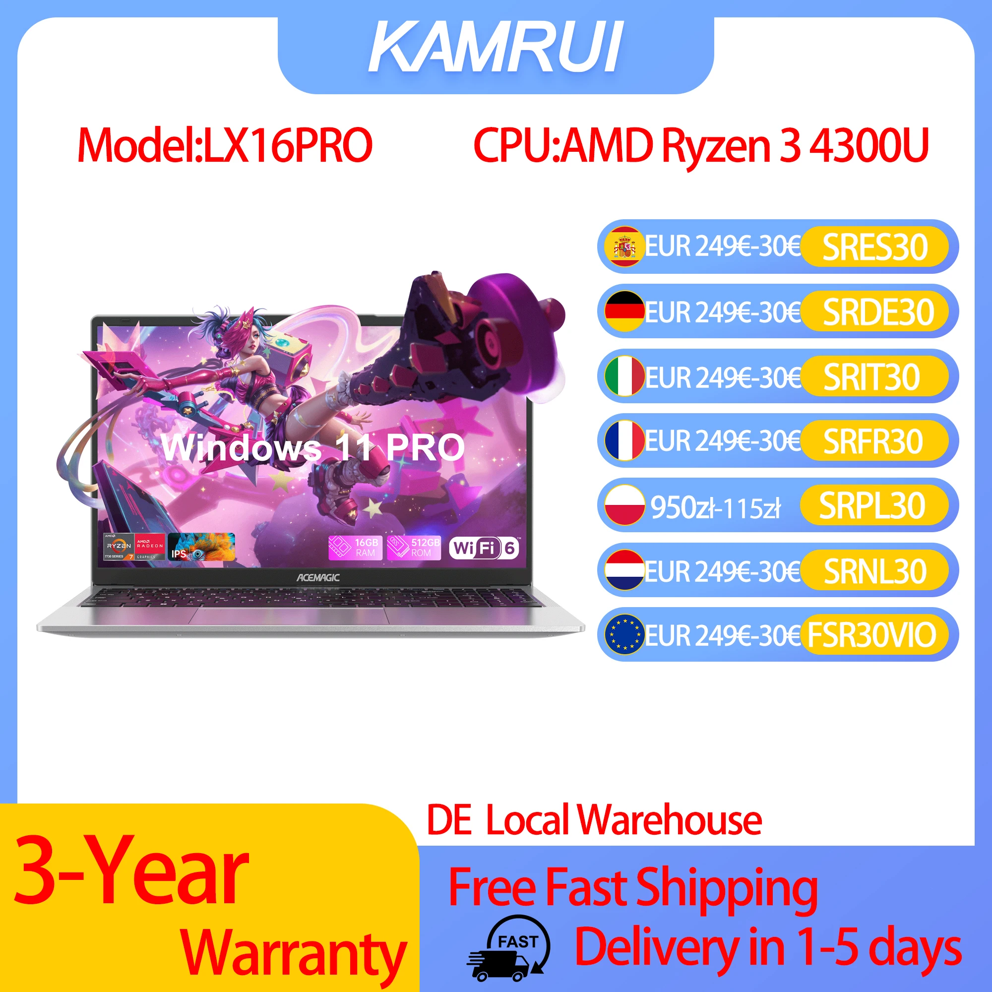 KAMRUI 16-calowy laptop z systemem Windows 11 PRO, bateria 4800 mAh, procesor AMD Ryzen 3 4300U Quad-Core, 16 GB pamięci RAM DDR4, dysk SSD 512 GB, Wifi5
