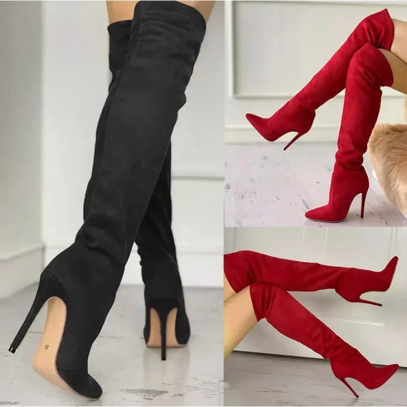 Women Sharp Tip Over The Knee Boots High Heels Sewing High Heels 11CM Thin Heels Stretch Boots Boot Women Fashion Stylish Shoes