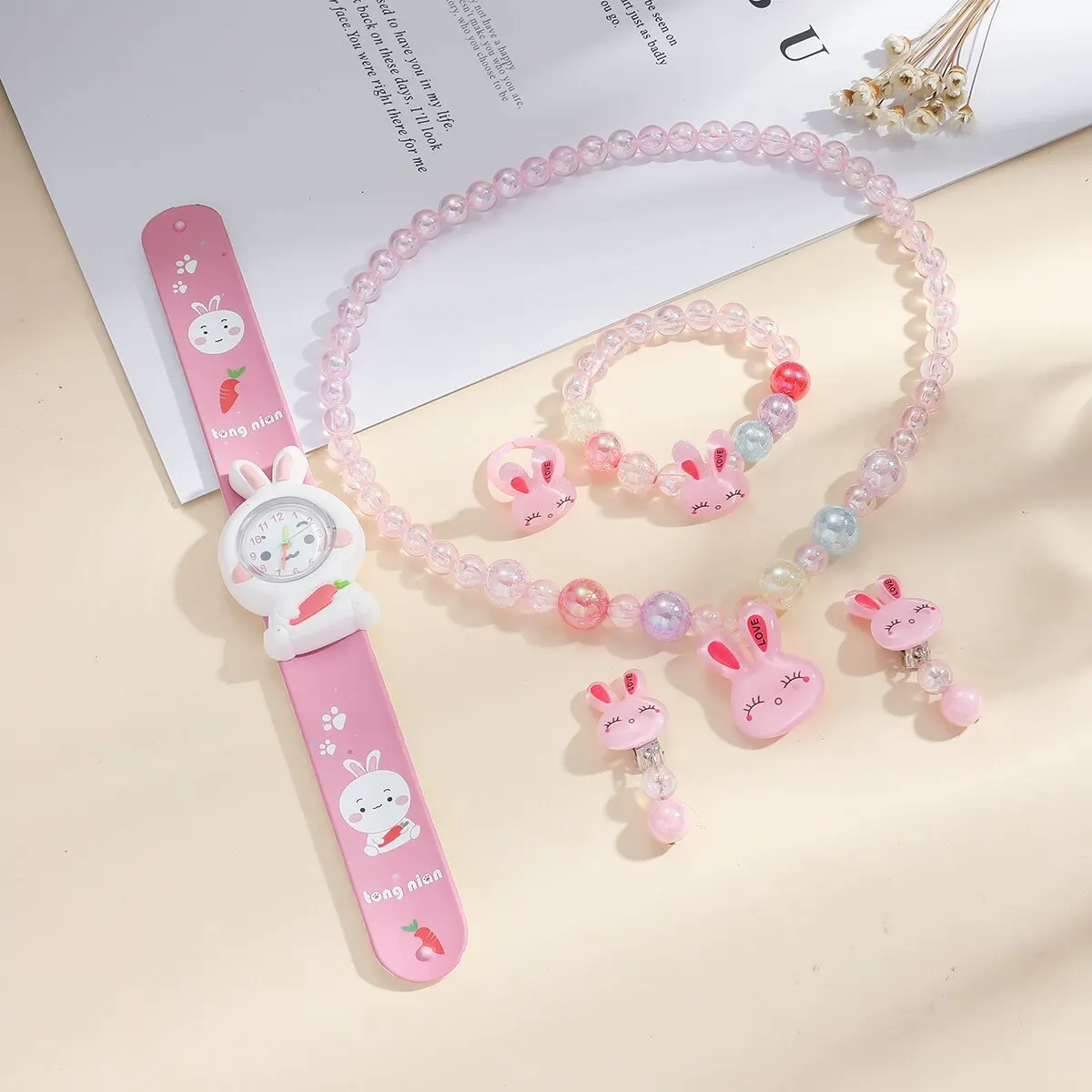 Childrens Kids Cartoon Rabbit Pattern Watch Jewelry Set Necklace Earrings Ring Bracelet Gifts for Children and Girls