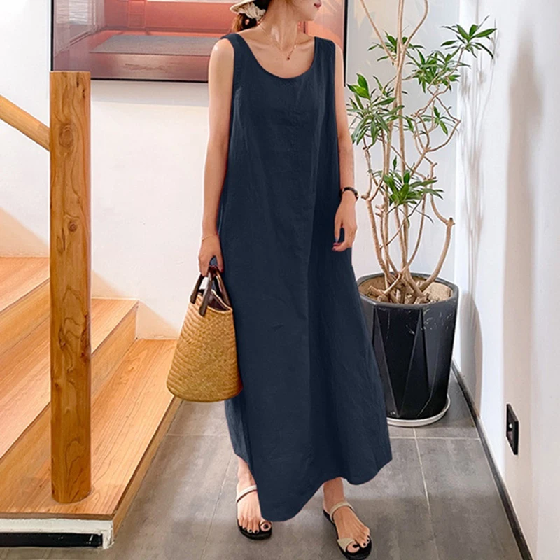 Summer New Long Version Sling Cotton Linen Simple Loose Pocket Round Neck Temperament Sleeveless Dress Women Dress for Women