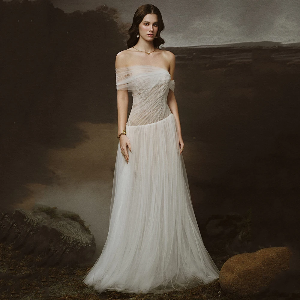 

Customized Strapless Off the Shoulder Tulle Women's Evening Dress Sexy Backless A-line Party Dress FLoor Length Prom Gown