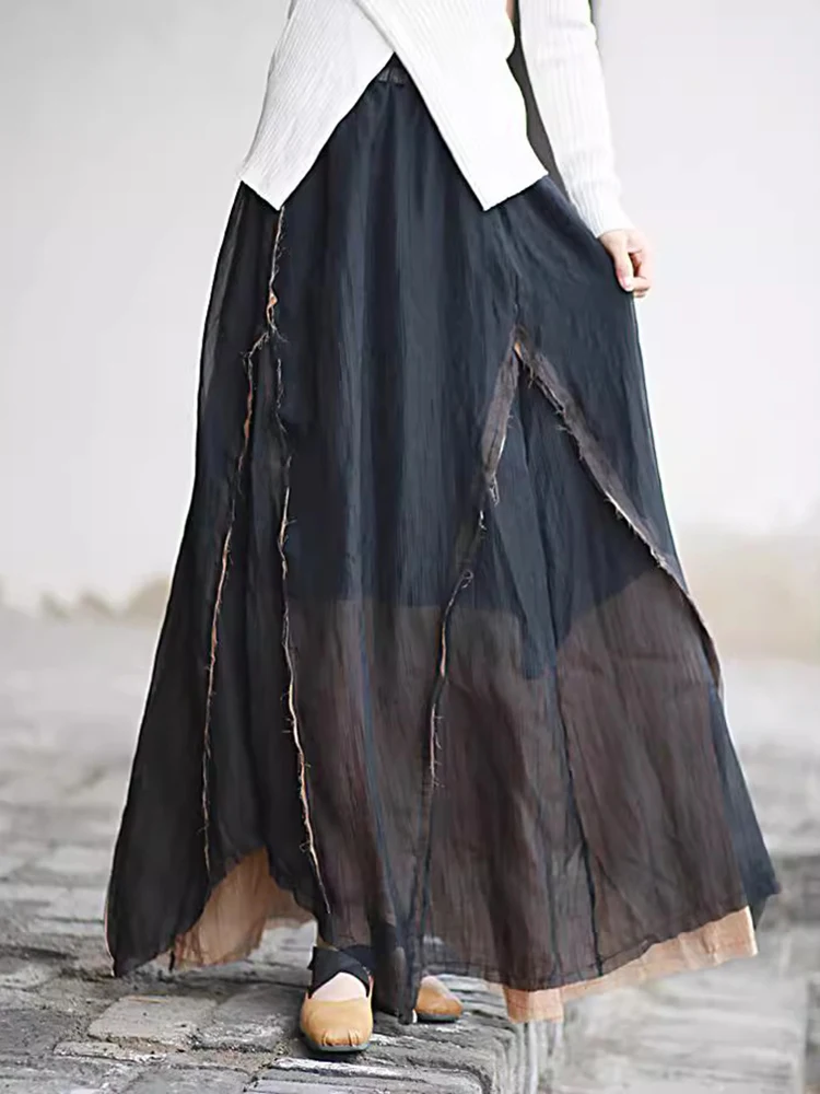 Xitao Gesplitste Rok Effen Kleur Elastische Taille Casual Losse Chinese Stijl Eenvoud Lente Mode Vrouwen Nieuwe Rok Lyd1770