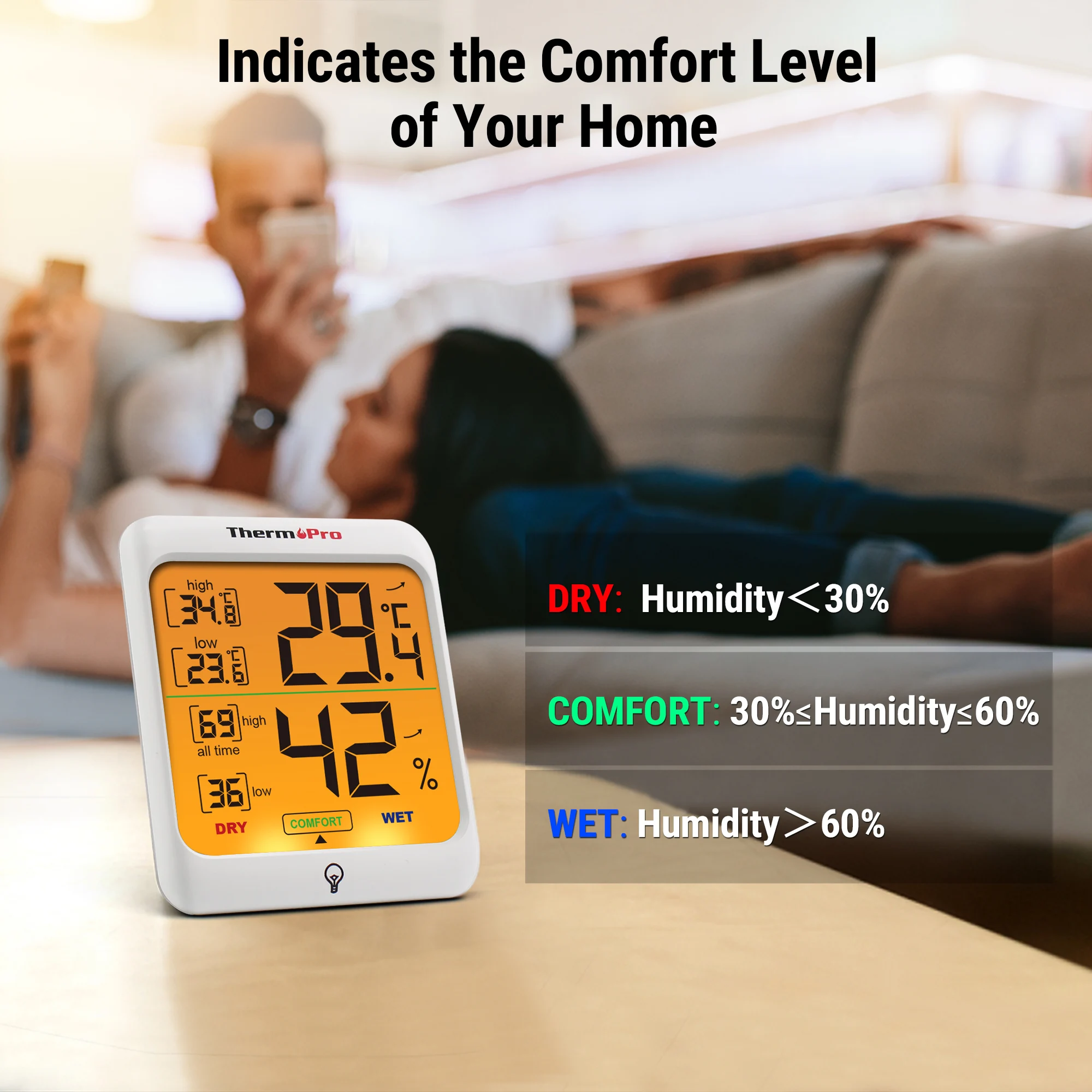 ThermoPro TP53 Cyfrowy termometr pokojowy Higrometr Czujnik temperatury i wilgotności Podświetlenie Stacja pogodowa dla domu