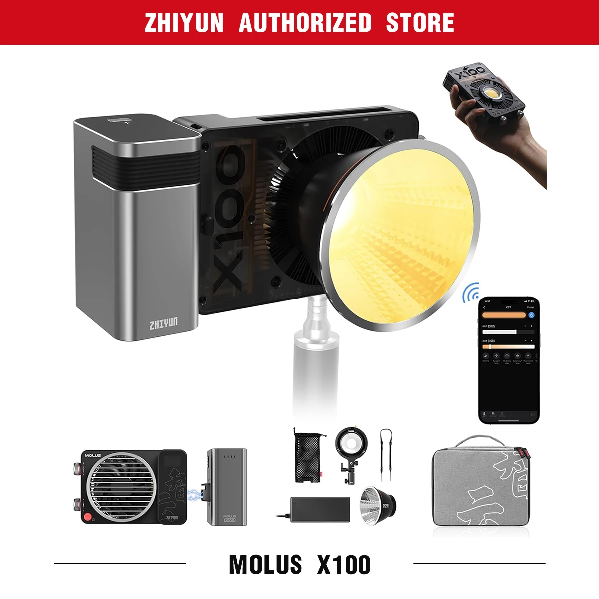 ZHIYUN MOLUS X100 COB LED Pocket Video Light,Portable 100W 2700K-6500K CRI 95+ TLCI 97+ with Bluetooth App Brightness Control