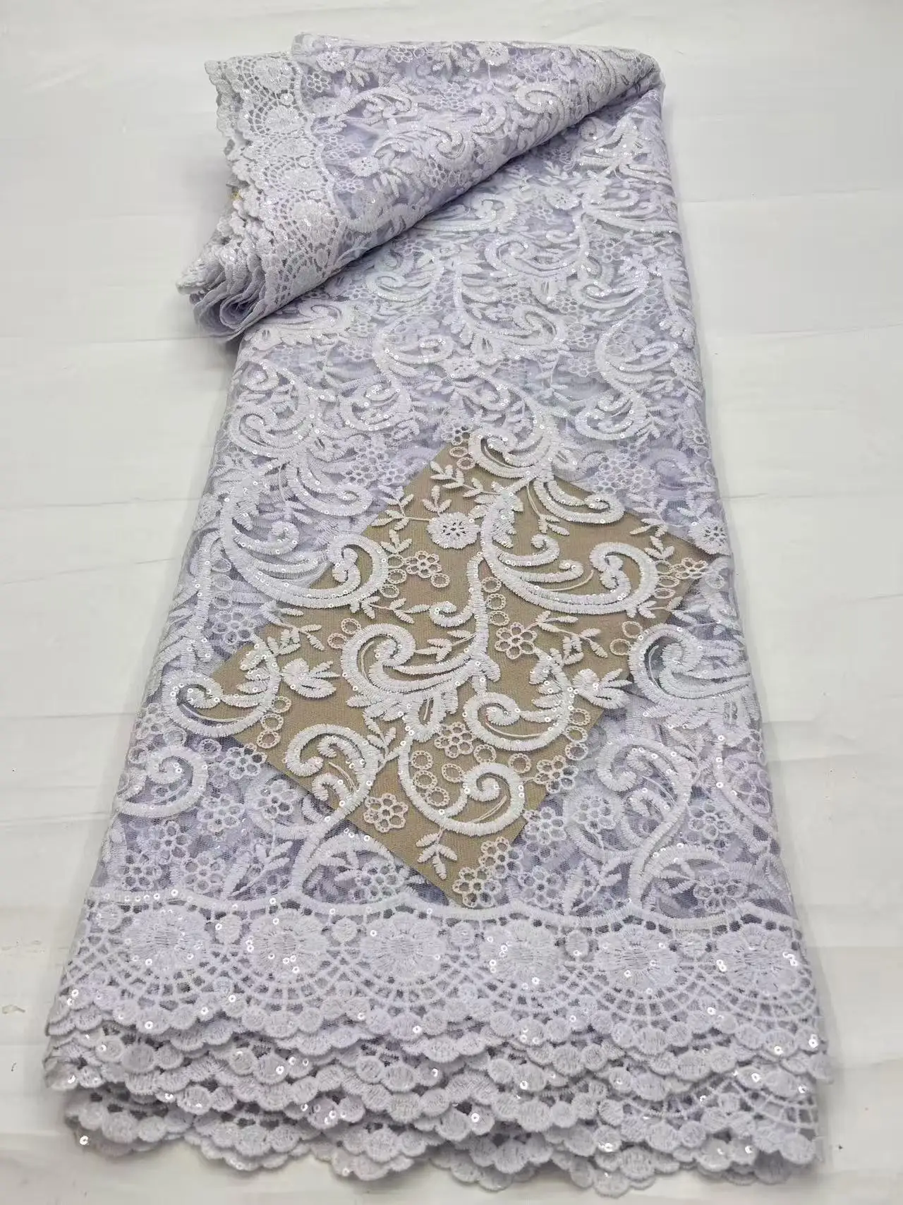 

White French Sequin Fabric Nigerian Lace Fabric 5 Yards High Quality 2026 Wedding Dress For Bridel Guipure Cord Lace