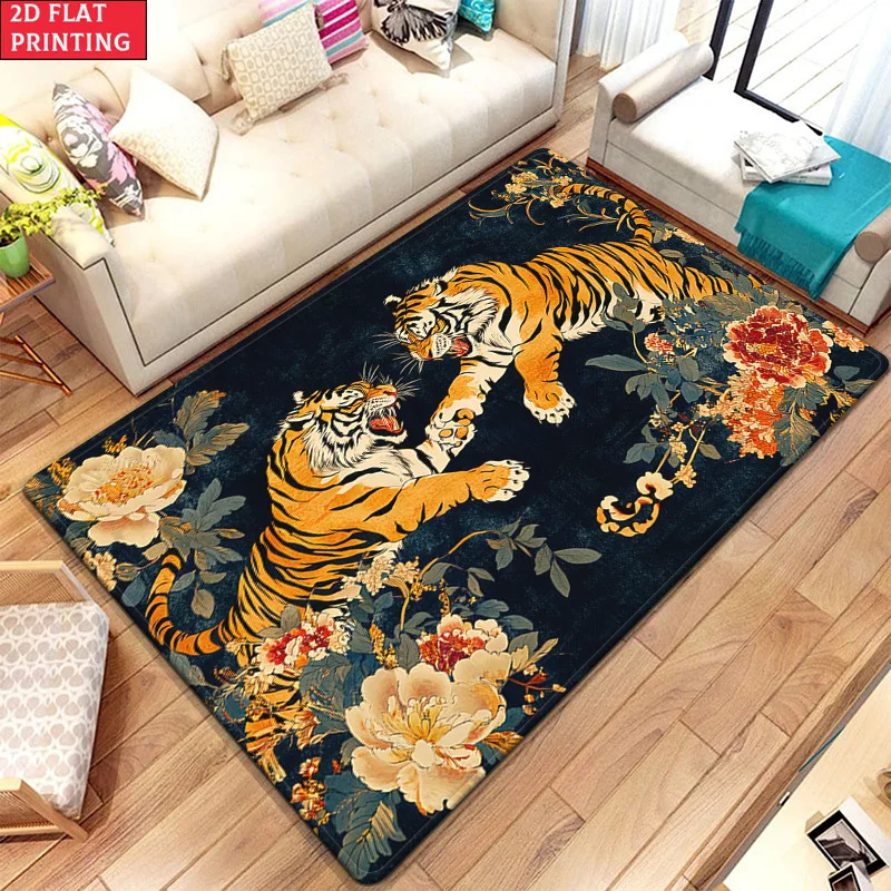 Vintage Chinese Tiger and Peony Print Flannel Area Rug, Non-slip Soft Floor Mat for Bedroom Living Room Home Decor