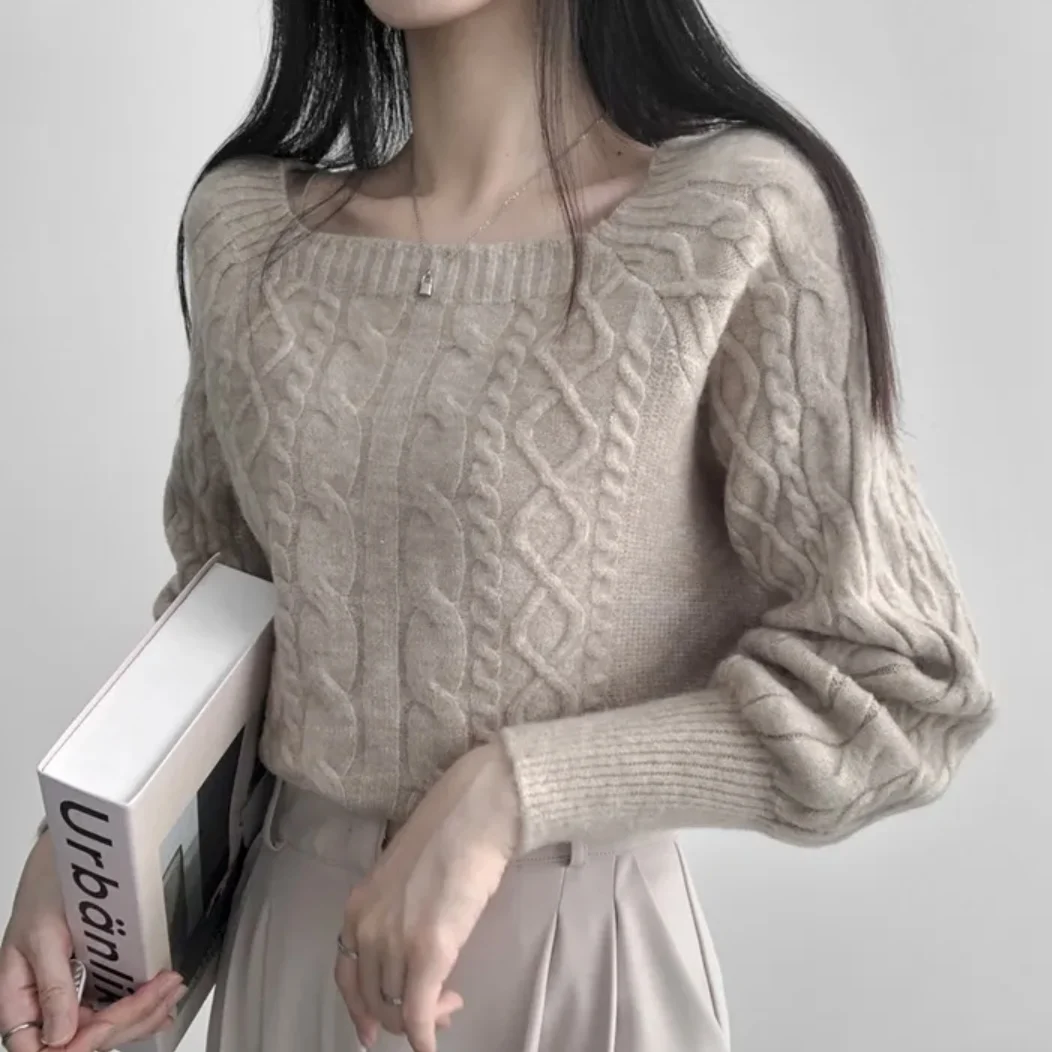 Chic Herbst Winter Pullover Vintage Lose Fit Taille Cinched Abnehmen Gestrickte Top Quadrat Kragen Oberbekleidung Pendeln Sle