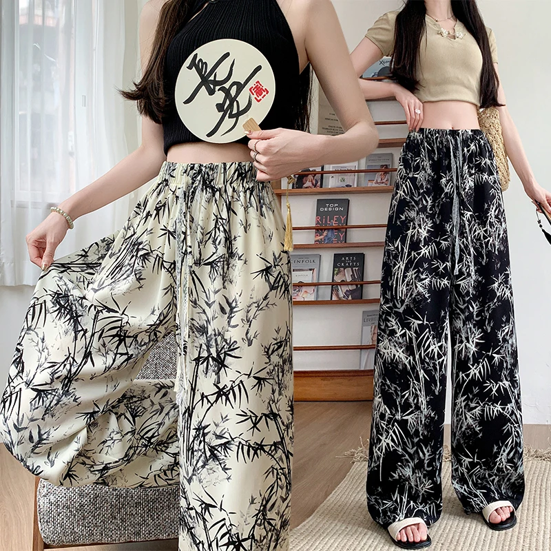 

New Chinese-style Ice Silk Wide-leg Pants Women's Summer High-waisted Printed Pants Breathable and Loose Straight-leg Pants