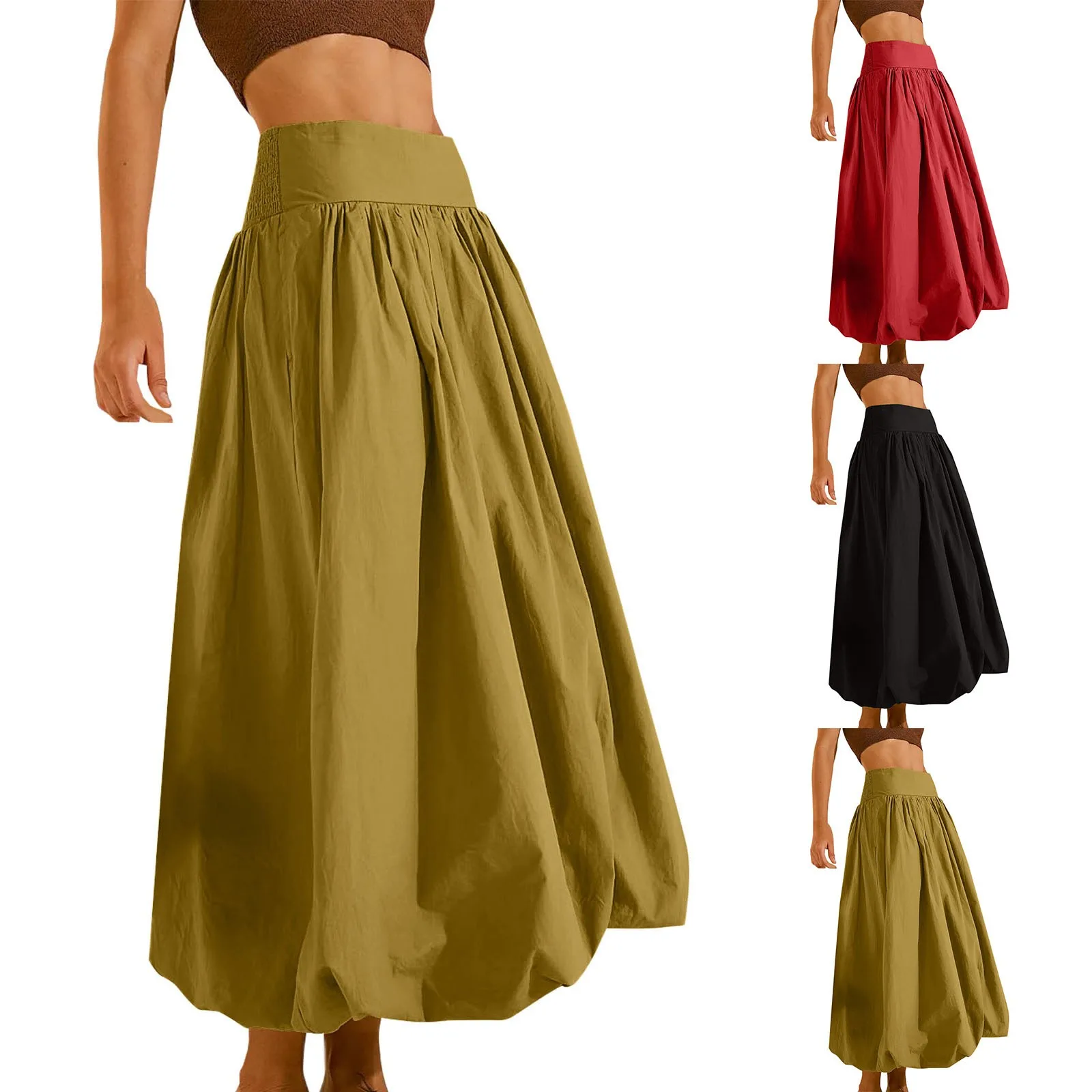 Women's Casual Loose Smocked High Waist Slits Long Skirt Boy Skirt Marinade E92 M3 Side Skirt Jean Overall Skirt Women