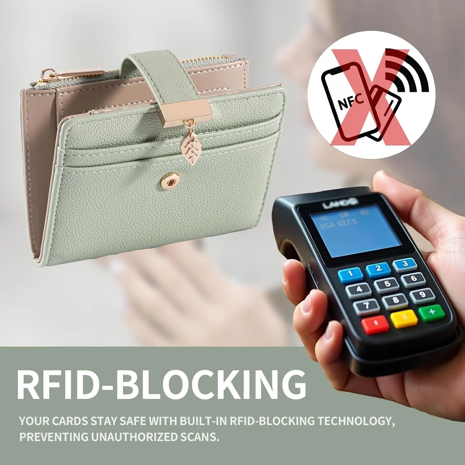Portfel damski z miękkiej skóry, mały, z ochroną RFID, składany, z okienkiem na identyfikator, kieszenią na monety na zamek błyskawiczny i przegródkami na karty.