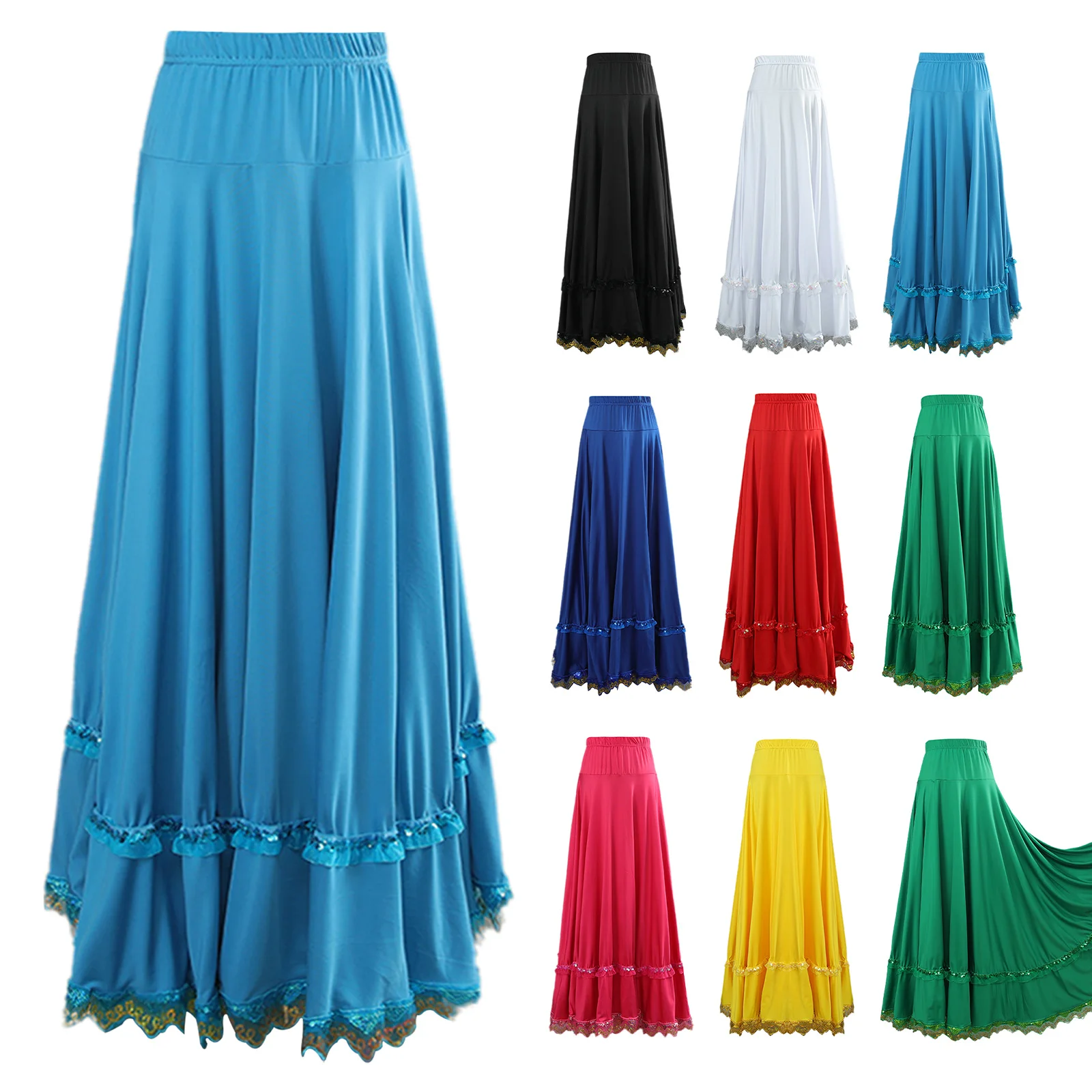 Saias de flamenco espanhol feminino trajes de dança étnica de salão círculo completo saia longa elástica cintura alta babados renda guarnição saia