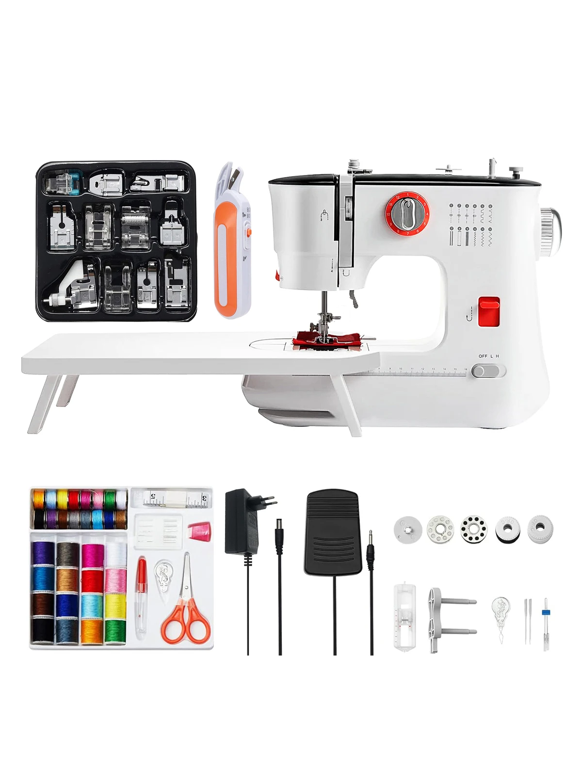 12-Stich-Elektro-Nähmaschine, Mini-Doppelgarn-Nähmaschine mit Ausziehtisch, größerer Arbeitsplatz, EU