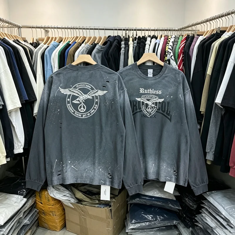 Splashed Ink Washed Hole Damaged Protocol Index Eagle Print T Shirt Men Women High Quality Round Neck Long Sleeve T-shirt