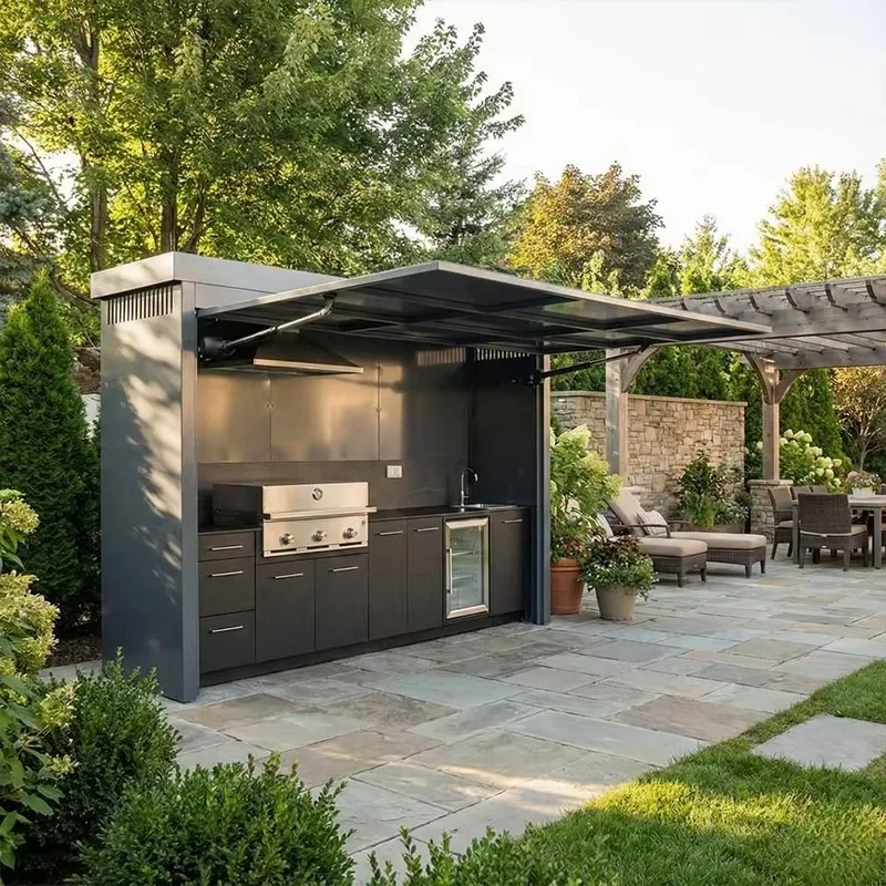 Aluminum Modern Mediterranean Design Outdoor Kitchen Factory Modular BBQ Island Cabinet Marble Countertop OEM ODM Supplier