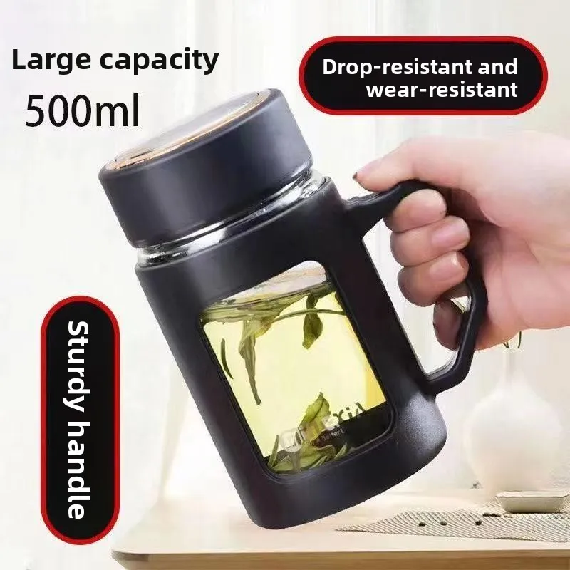 

Large Capacity Glass Cup 2026 Office Men's Water Cup Heat Resistant Explosive Proof with Handle Vintage Style Ins Style