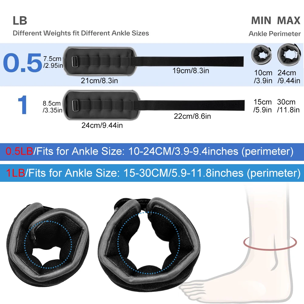 زوج واحد من أوزان الكاحل والمعصم القابلة للتعديل (0.5 كجم/1 كجم) - أحزمة ذراع الساق من النيوبرين للجري واليوجا - تدريب القوة للنساء والرجال
