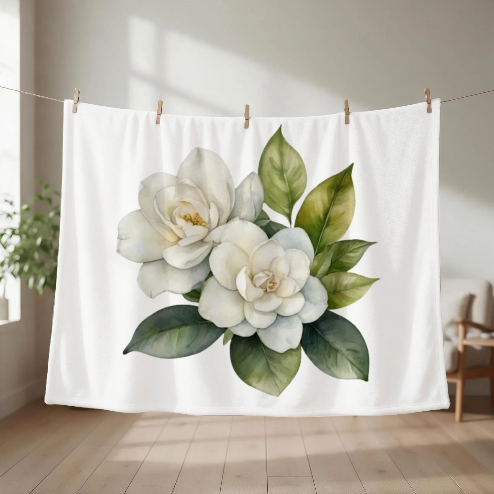 Gardenia Watercolour Throw Blanket couch cozy soft plush fuzzy picnic outdoor blanket