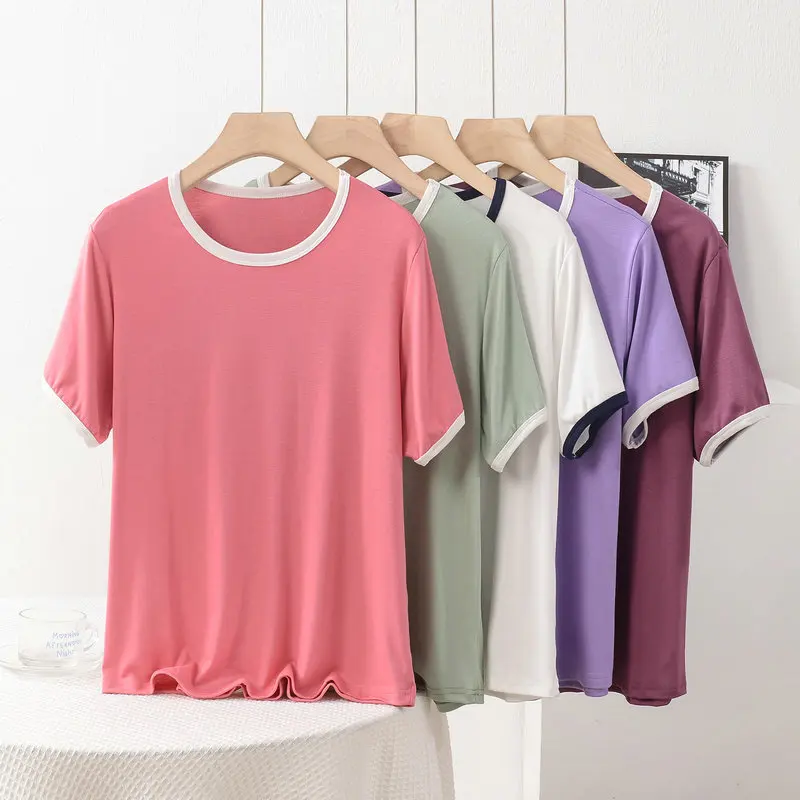 XL to 8XL Modal O-Neck Short-sleeved Tshirt with White Trim Loose Fit T-shirts Color-Blocking Tee Tops Lightweight Versatile Top