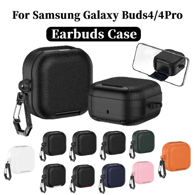 PU Leather Earphone Case With Phone Stand & Carabiner For Samsung Galaxy Buds 4/4Pro Shockproof Full Cover Shell For Buds 4 Pro