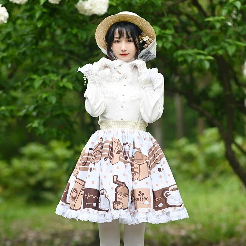 

Ainclu Cute Kawaii Coffee Polka Dots Print Women Girls Lace Ruffle Fancy Party Daily Lolita Skirt With Pure White Socks