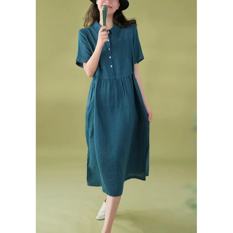 Cotton Linen Korean Style Women's Dress Short Sleeve Shirt Collar Artistic Retro Long Skirt High Waist A-Line Silhouette