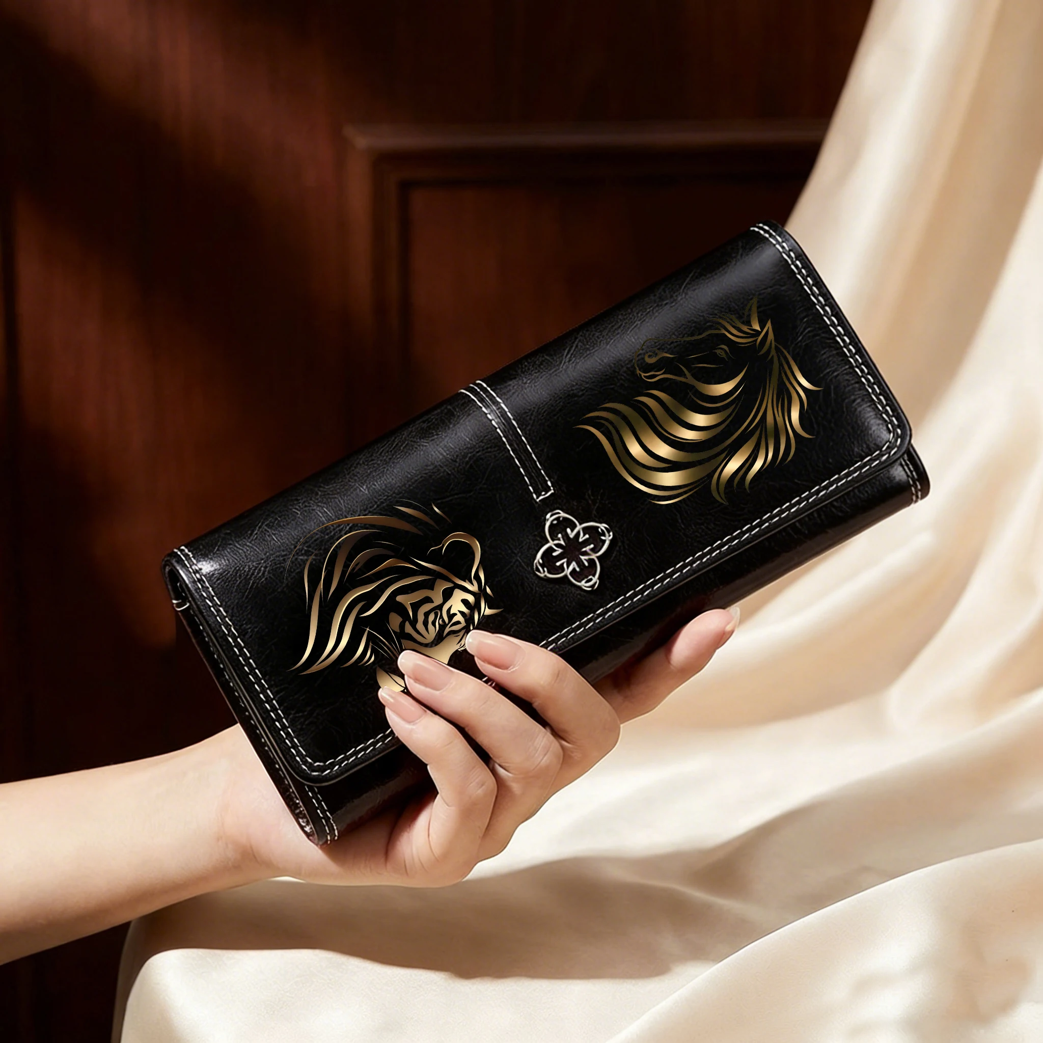 Horses Tigers Leather Women's Wallet Luxury Long Purses for Women Cards Holder Wallets with Zip Coin Pocket Ladies Handbags