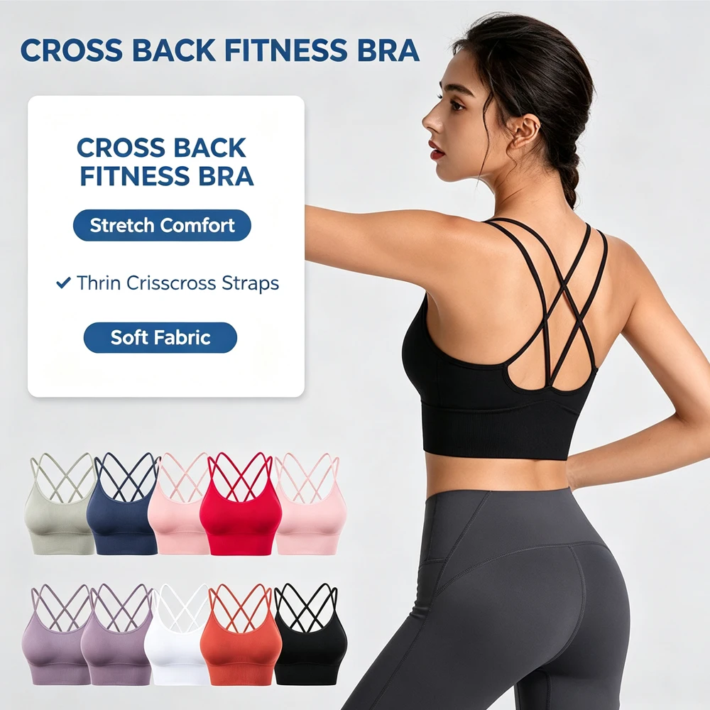 1PC Strappy Cross Back Women's Sports Bra Removable Pads Low Impact Yoga Gym Running Workout Top Adjustable