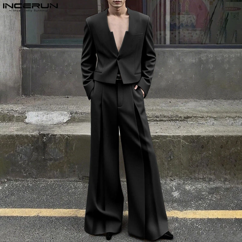 INCERUN Men Sets Solid Color Elegant Long Sleeve Crop Blazer & Wide Leg Pants 2PCS Streetwear Loose Fashion Casual Men's Suits