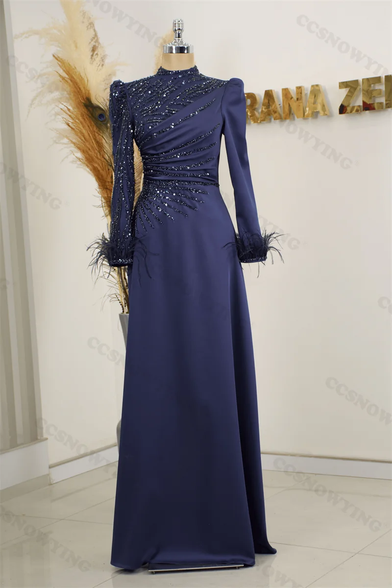 

Appliques Beaded Feather Hijab Muslim Evening Dresses Satin Long Sleeve Islamic Formal Party Gown Arabic Dubai Robes De Soirée