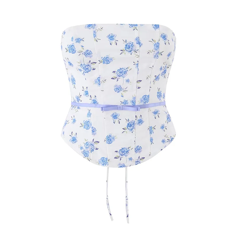 YENKYE Women's Blue Floral Strapless Corset Top Ribbon Bow Lace Up Back Summer Crop Top
