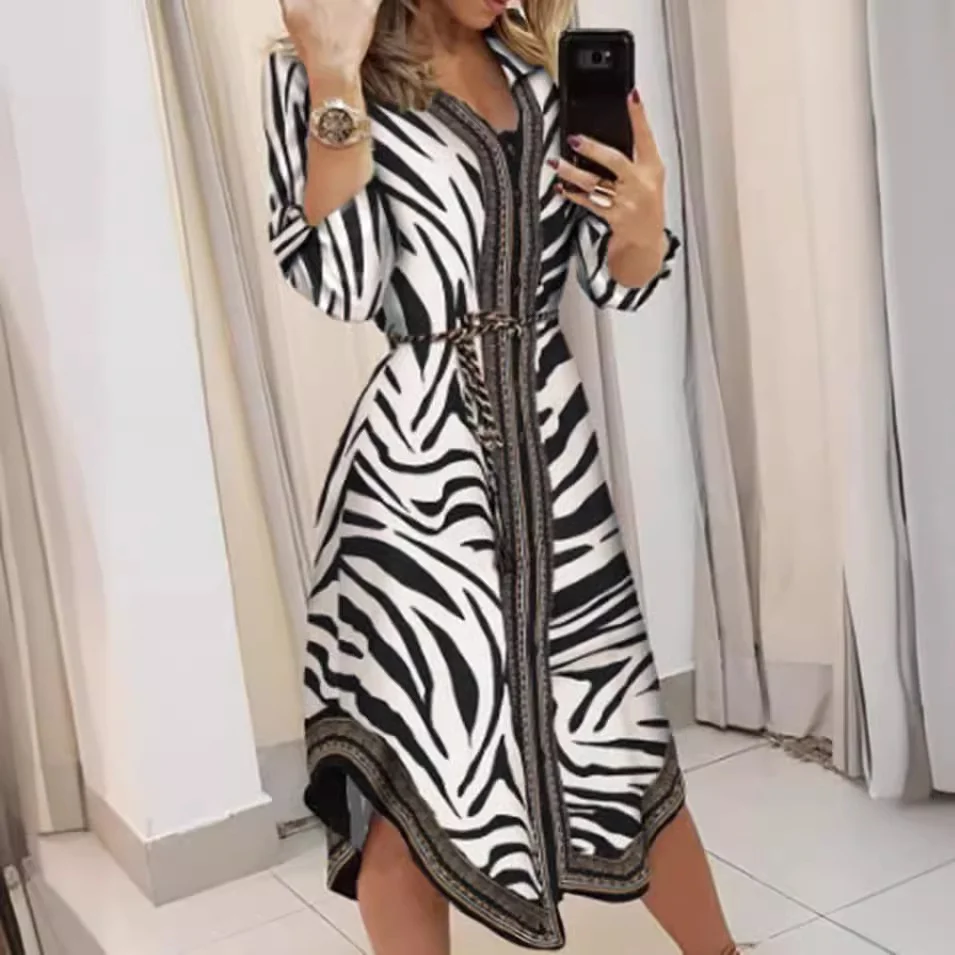 

Black And White Print Long Shirt Dress Women Elegant Blouse Top Shirt Dresses Spring Summer