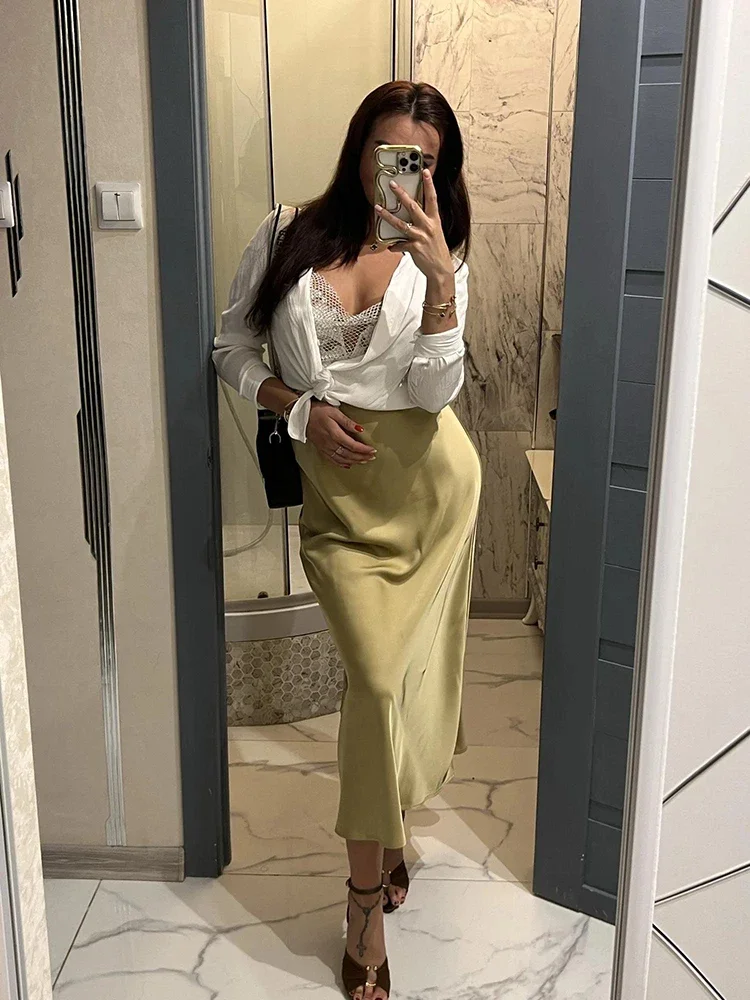 

Модная атласная вечерняя длинная юбка с высокой талией, однотонная повседневная базовая женская юбка, юбка «рыбий хвост», шикарная летняя женская одежда 2025