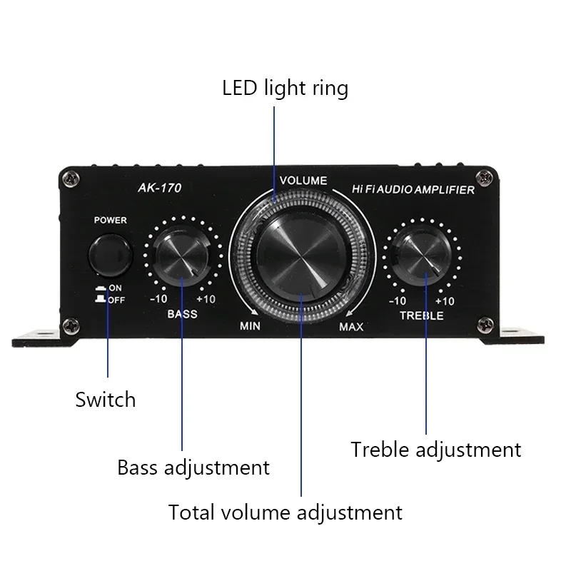 AK170 Mini amplificatore audio per auto di potenza digitale Amplificatore audio stereo a luce blu per Home Theater Club Party Music 200Wx2 Potenza