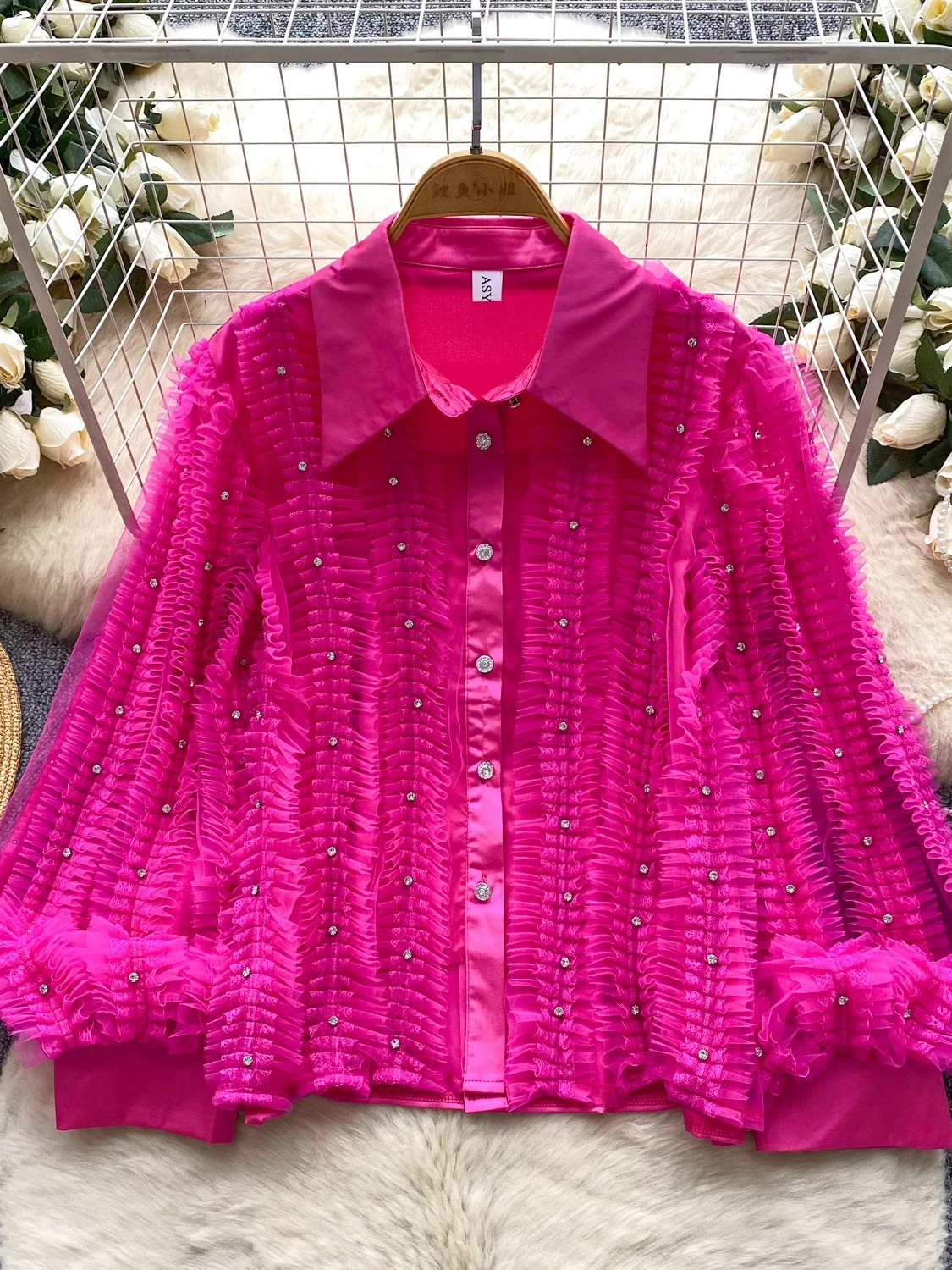 

Lace Trim Lantern Sve irt Women's Loose Slimming Casual Top Heavy Embellied Court Sle Faion Polyester Fiber